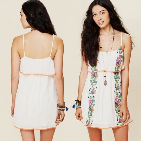 Free People Dresses & Skirts - Free People Embroidered Mini Slip Dress Gauze White Crochet Beach Party XS Boho